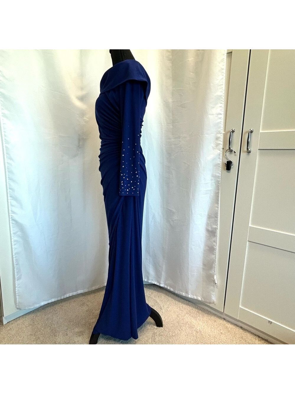 VINCE CAMUTO Cobalt Royal Blue Rhinestone Embellished Off-Shoulder Gown dress 8 - Picture 7 of 17